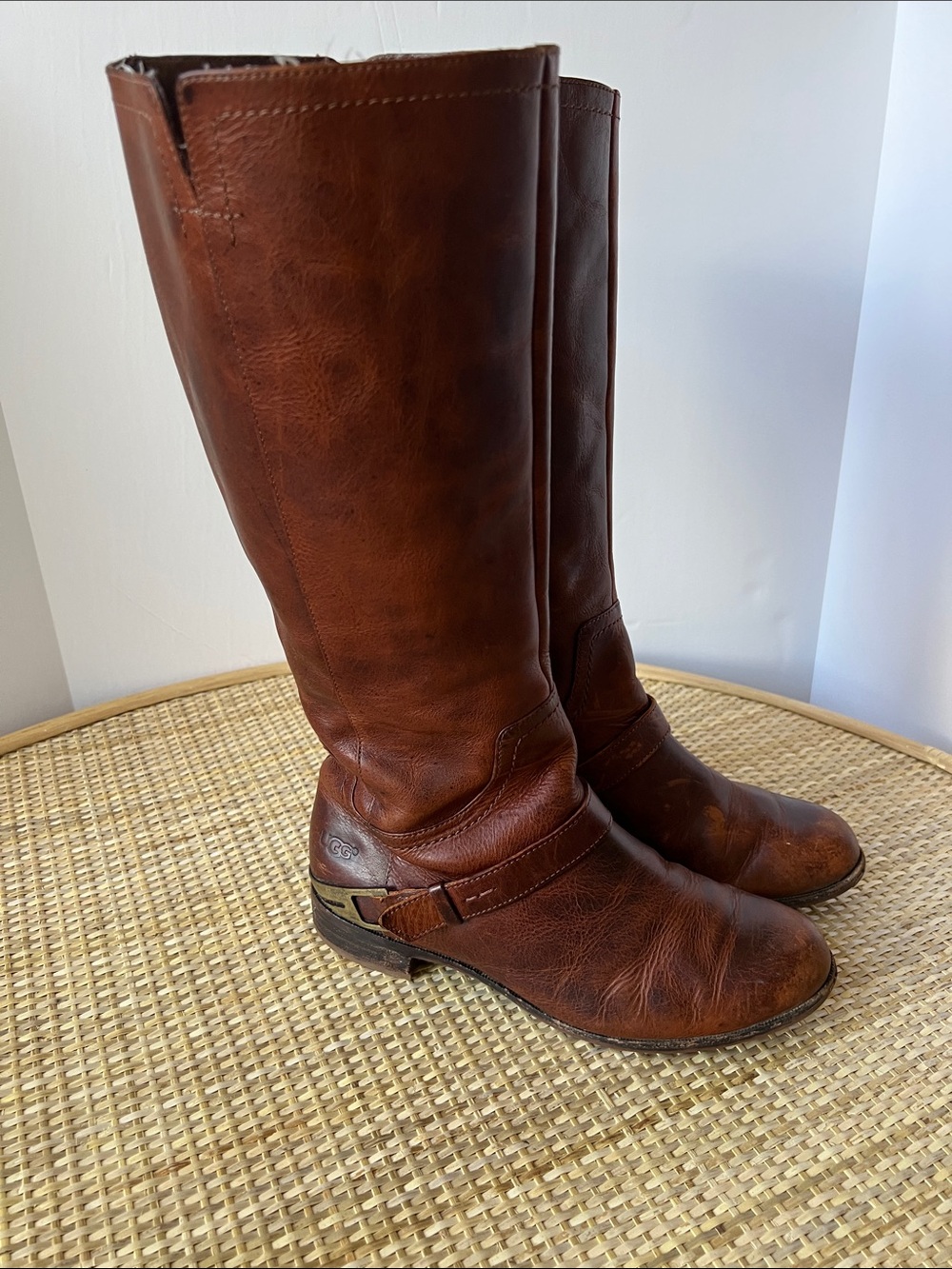 UGG Channing II Leather Riding Boots Distressed Brown Equestrian Moto Metal 8